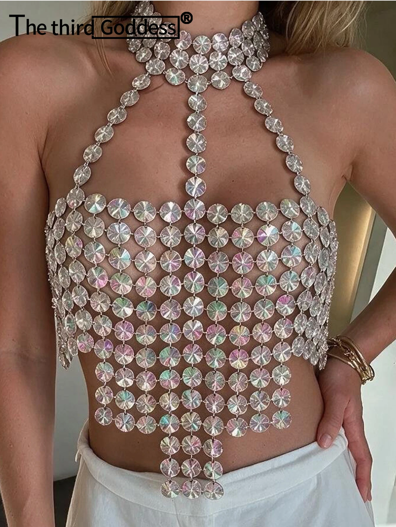 Sexy metal rhinestone halter tanks top women summer see through beach crop top club party tops for woman rave festival clothing