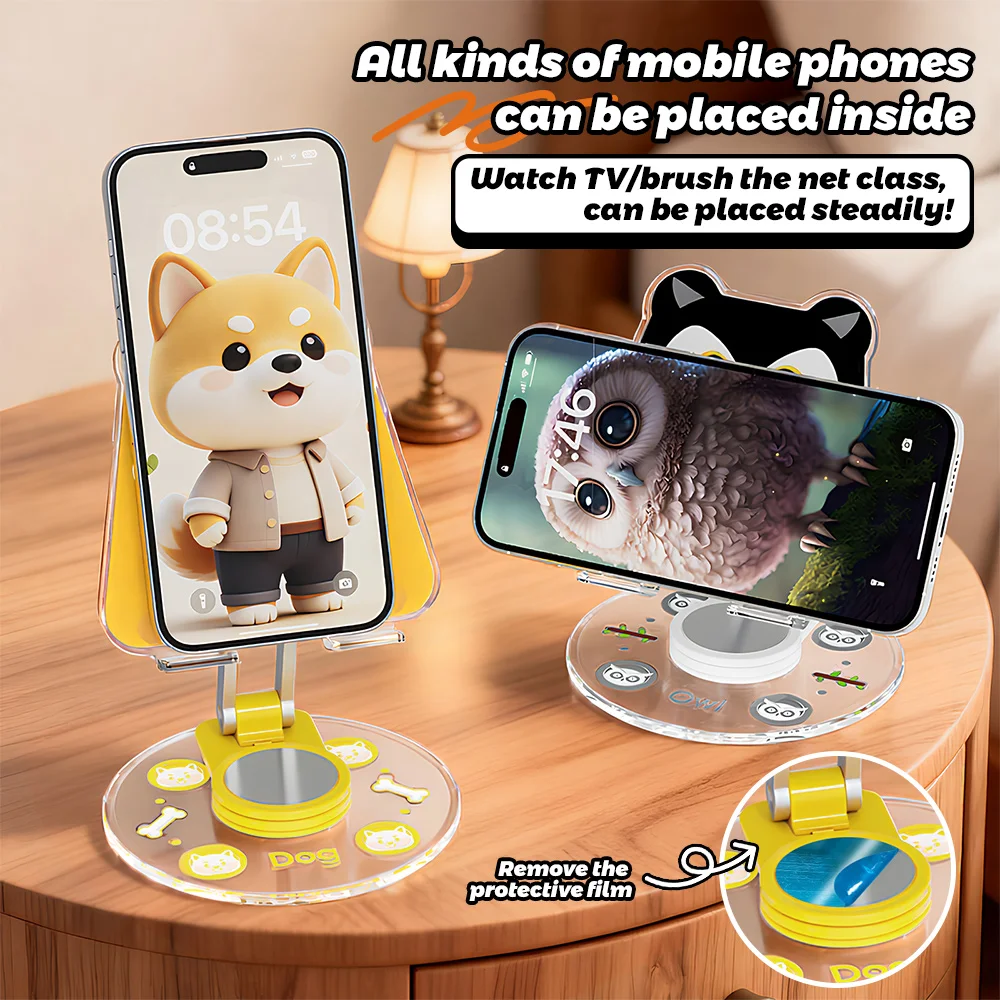Cute Animal Phone Stand 360 Rotatable Foldable Desktop Holder Smartphone Table Kickstand Acrylic Cartoon Desk Phone Mount New view 2
