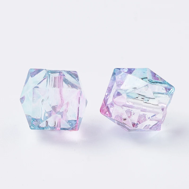 100pcs Two Tone Transparent Spray Painted Acrylic Bead Polygon Pink 7.5x8x8mm Hole: 1.8mm