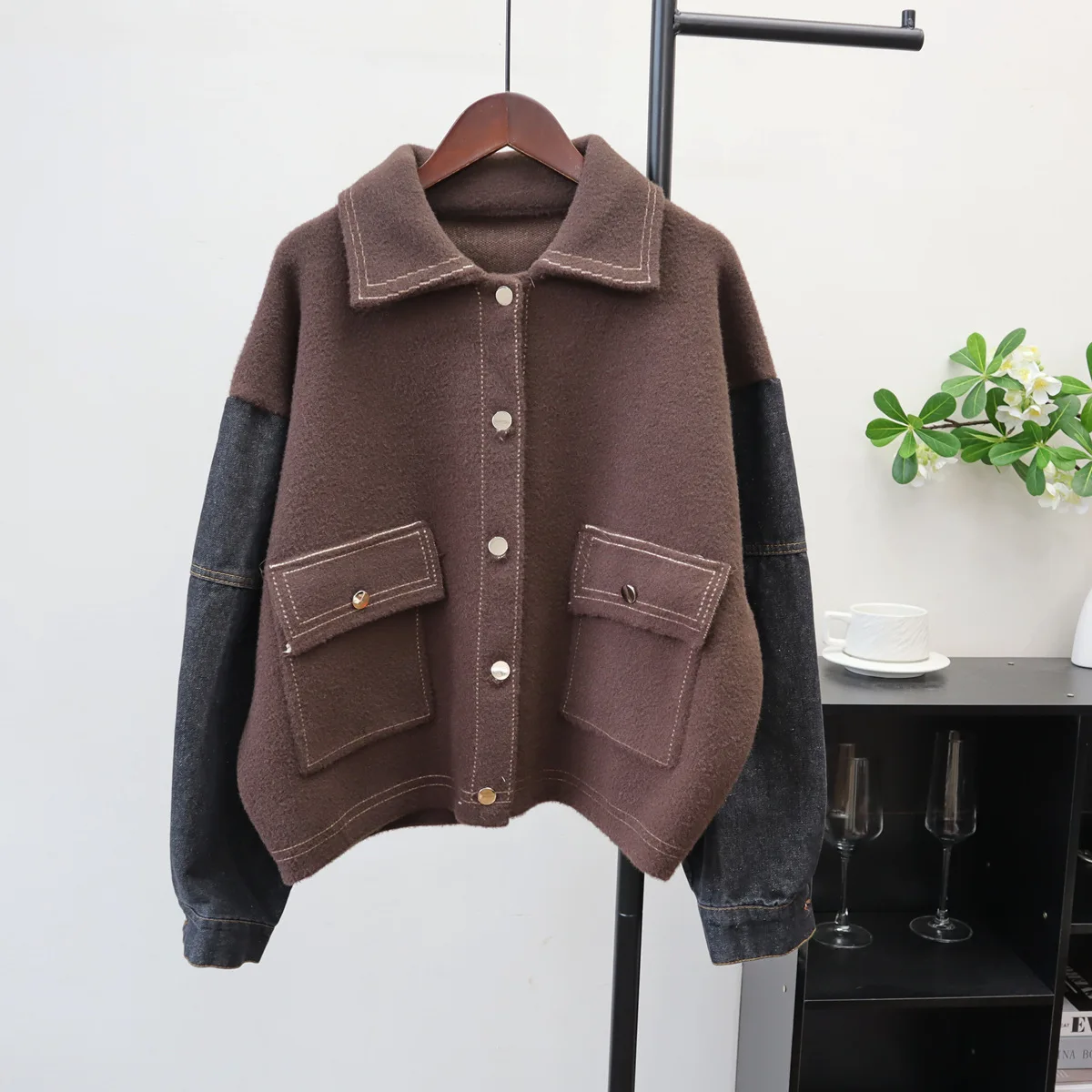 

Women Wool Short Jackets Casual Blends Coats Patchwork Denim Long Sleeves Turn Down Collar Pockets Loose Office Lady 2025 Autumn