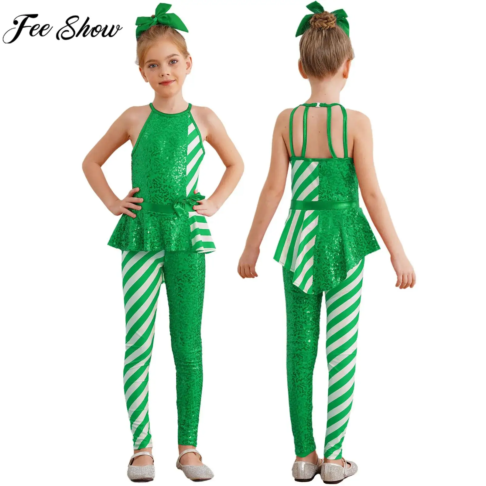 Mädchen Weihnachten Neujahr Party Body Ballett Tanz Gymnastik Skating Trikot Ärmellose Gestreifte Pailletten Candy Cane Overall