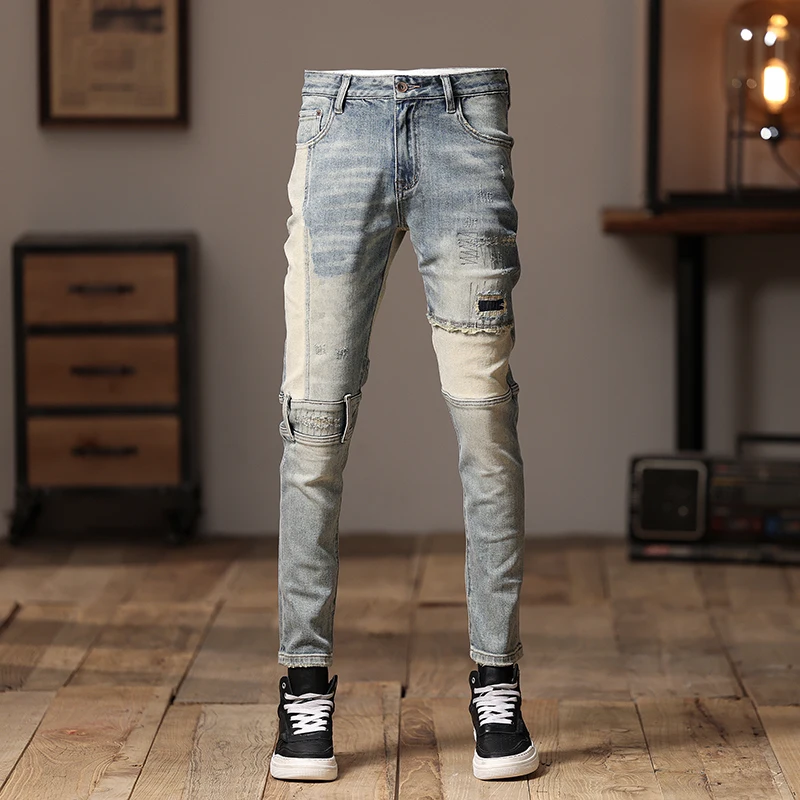 Italian designer fashion men's jeans, scratch washed blue elastic slim fit retro patchwork jeans Y2K