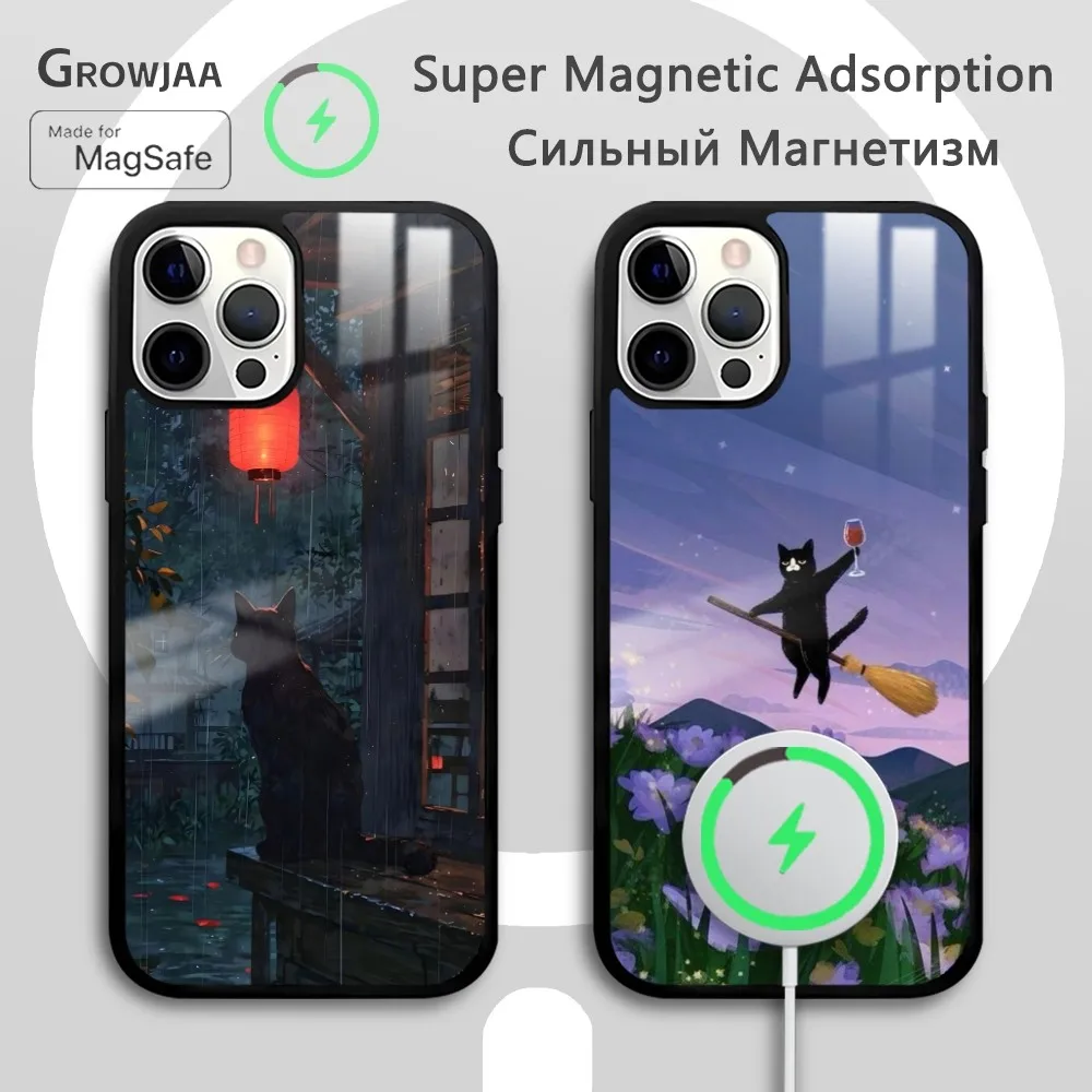 

Black Cat Art Cute Anime Phone Case For IPhone 16 15 14 13 12 11 Pro Max Plus Mini Magsafe Mirror Wireless Magnetic Funda