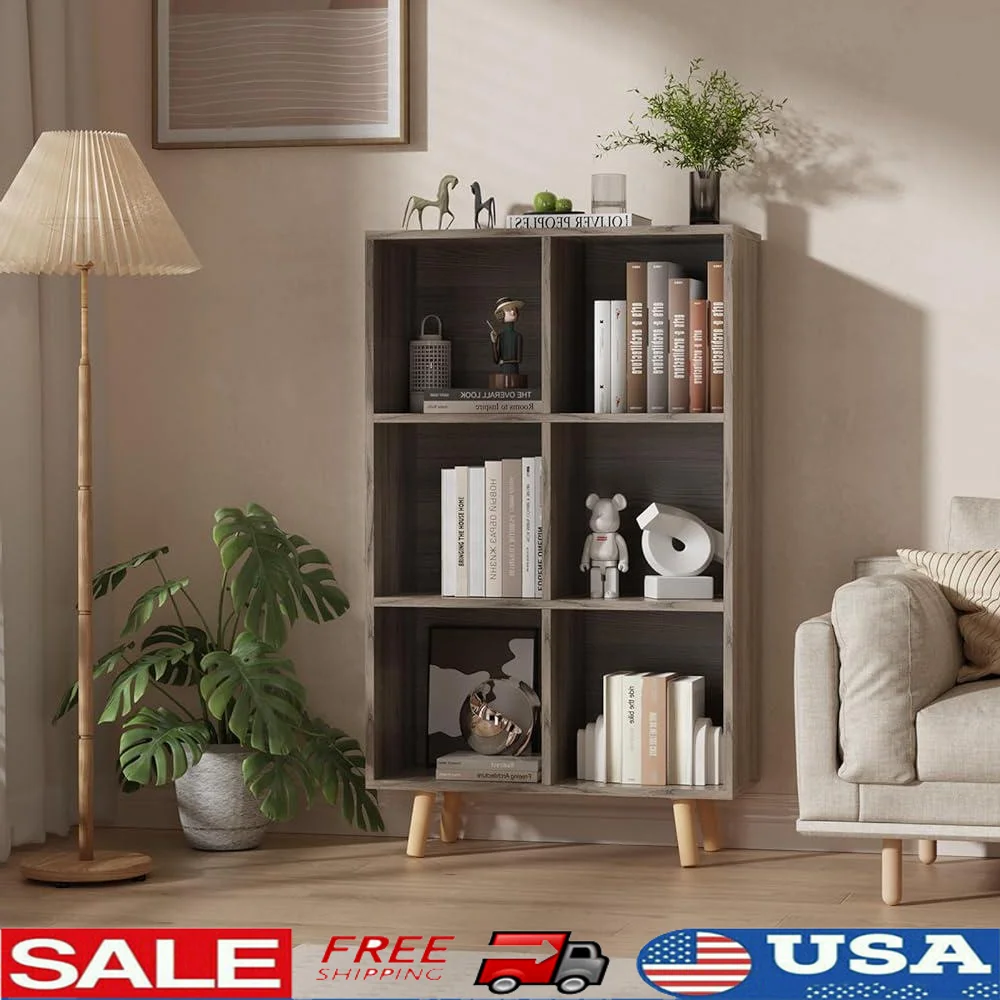 Wooden 6 Cube Bookshelf Modern 3 Tier Mid-Century Display Storage Organizer Sturdy Bookcase Living Room Bedroom Office