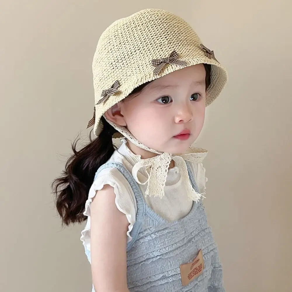 Trendy Summer Baby Straw Hat Bow Beach Lace Straw Hat Travel Outdoor Children Panama Caps for Kids