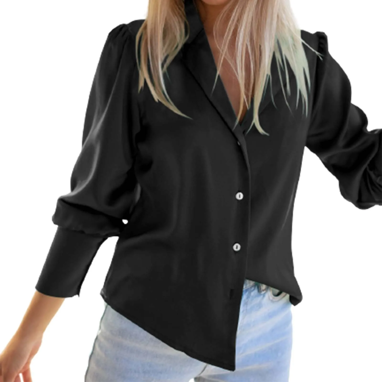 Women's Solid Color Long Sleeve V Neck Single Breasted Loose Version Of Fashion Trend Lapel Shirt Shirt Women