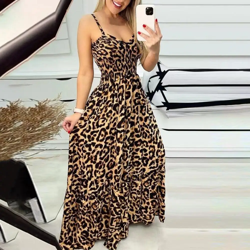 

Women Strappy Dress Leopard Print Low-cut V Neck Sleeveless Tight High Waist Backless Big Hem Vacation Beach Maxi Dress Vestidos