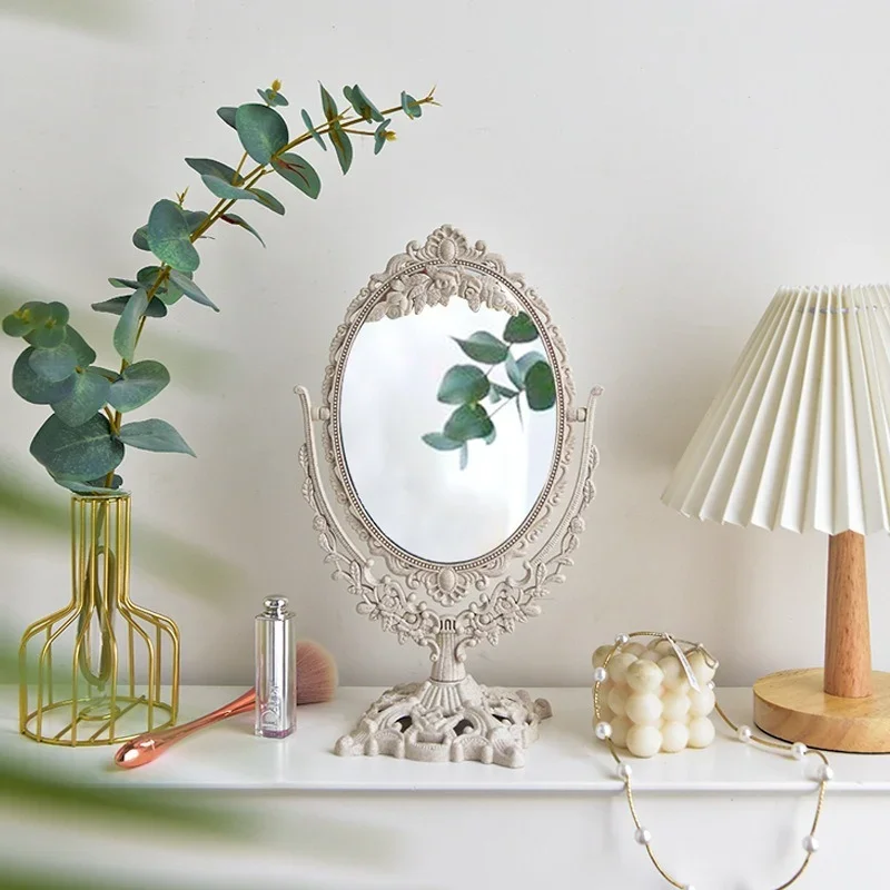 Silver Plastic Vintage Decorative Mirror Small Round Make-up Bedroom Mirror Ins Table Room Standing Glass Mirror