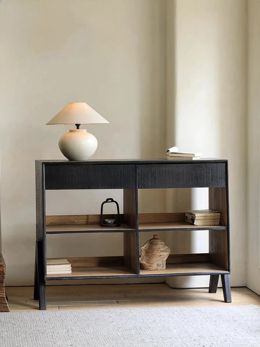 

| Japanese-style wabi-sabi wind carbonized black old wood dining side storage storage bookcase