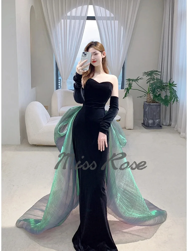 High Grade Black Evening Dress With Green Tail Velvet Celebrity Sexy Bra Fish Tail Dress Slimming Cocktail Bride Dinner Dress