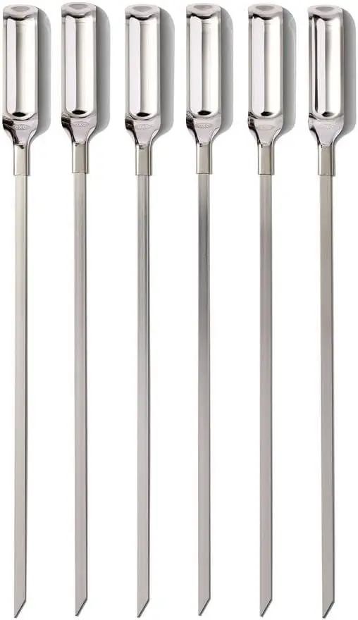 

6-pack stainless steel grilling skewers, ergonomic grip, reusable, ideal for kebabs, BBQ, and outdoor cooking