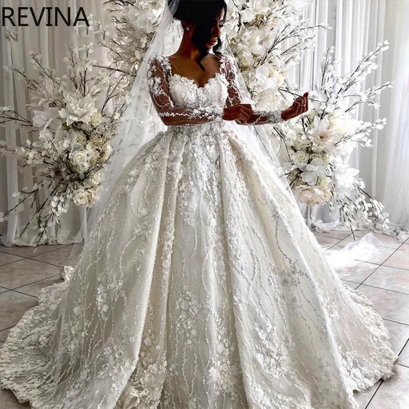 

Retro Ball Gown Wedding Dress Sweetheart Long Sleeve 3D Flower Bridal Dress Saudi Arabian Women Vestidos De Novia Customized