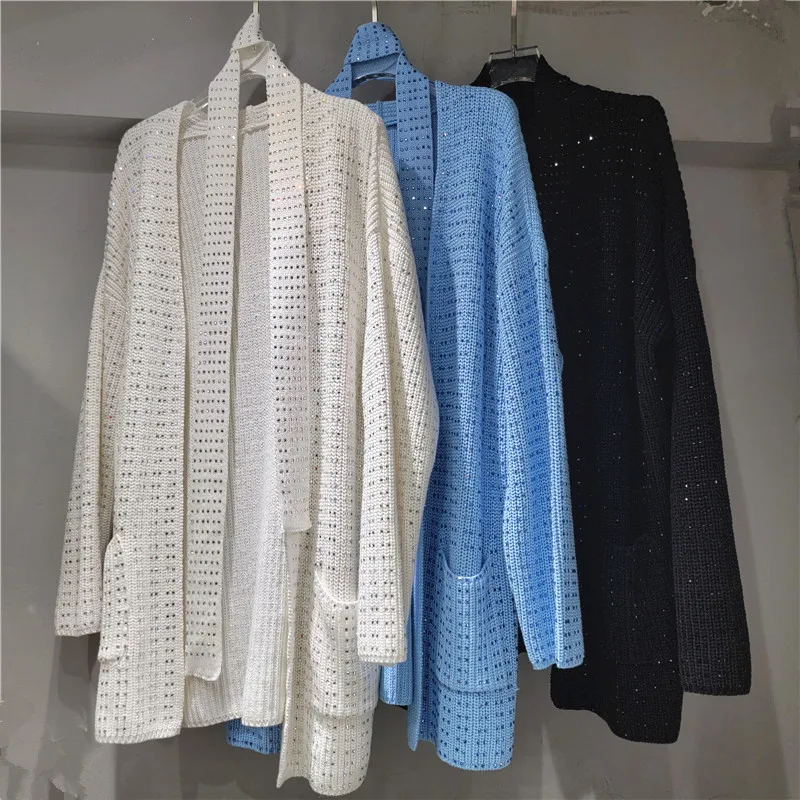 

Clothland женская элегантная блестящая куртка из бисера с открытой строчкой и поясом, свободный стиль, женские трикотажные пальто Mujer CB283