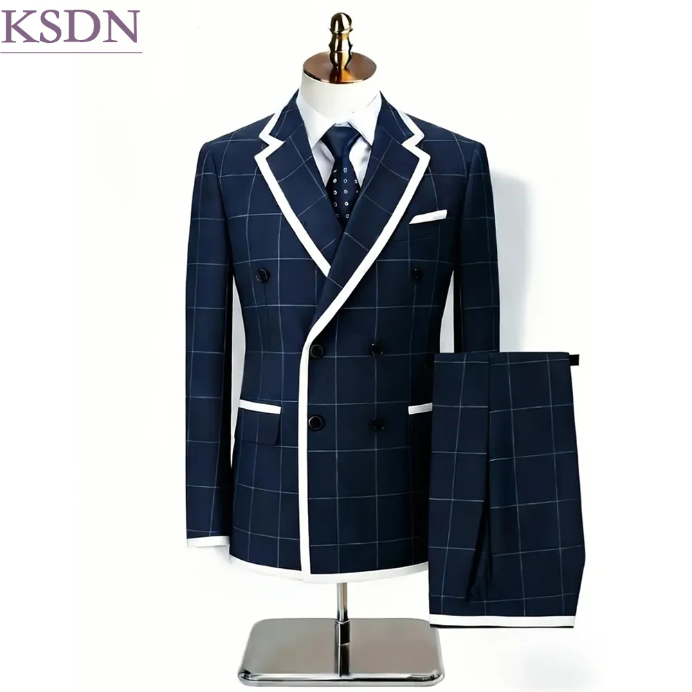 Fashion Navy Blue Check Men's Suits Elegant Double Breasted Notch Lapel Slim Fit 2 Piece Jacket Pants Sets For Event Paryt Terno