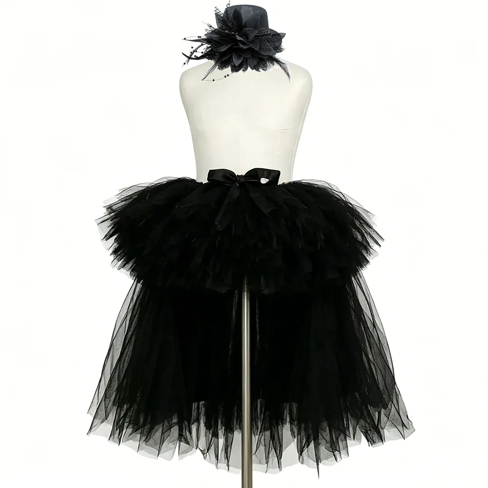 Children Black Hi Low Long Train Princess Tulle Tutu Dress Children Stage Performance Halloween Party Photoshoot Birthday Outfit