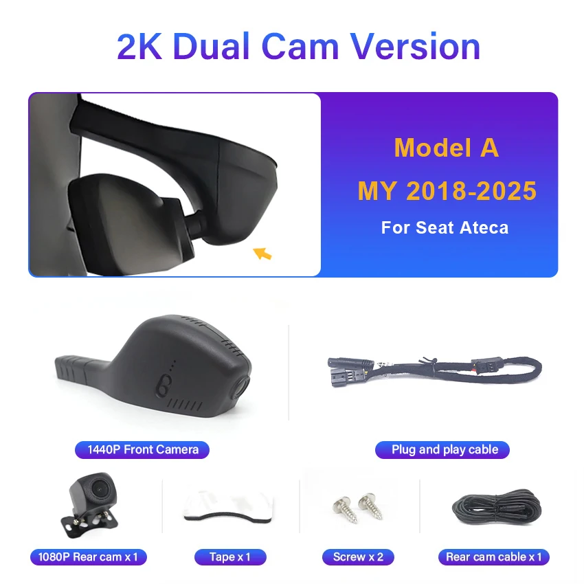 Voor Seat Ateca 2018 ~ 2025 Voor en Achter 4K Plug en Play Dash Cam voor Auto Camera Recorder Dashcam WIFI Auto Dvr Opname Apparaten