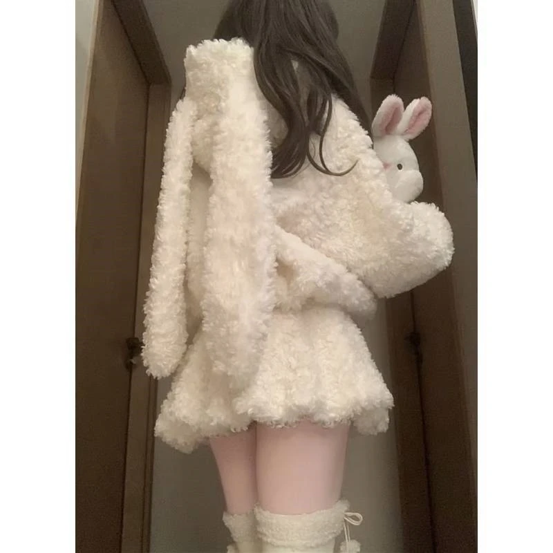 Winter Kawaii Fleece Outfit Women Lamb Wool Hoodie With Rabbit Ears High Waist Short Skirt Set Sweet Girl Japanese Style Look