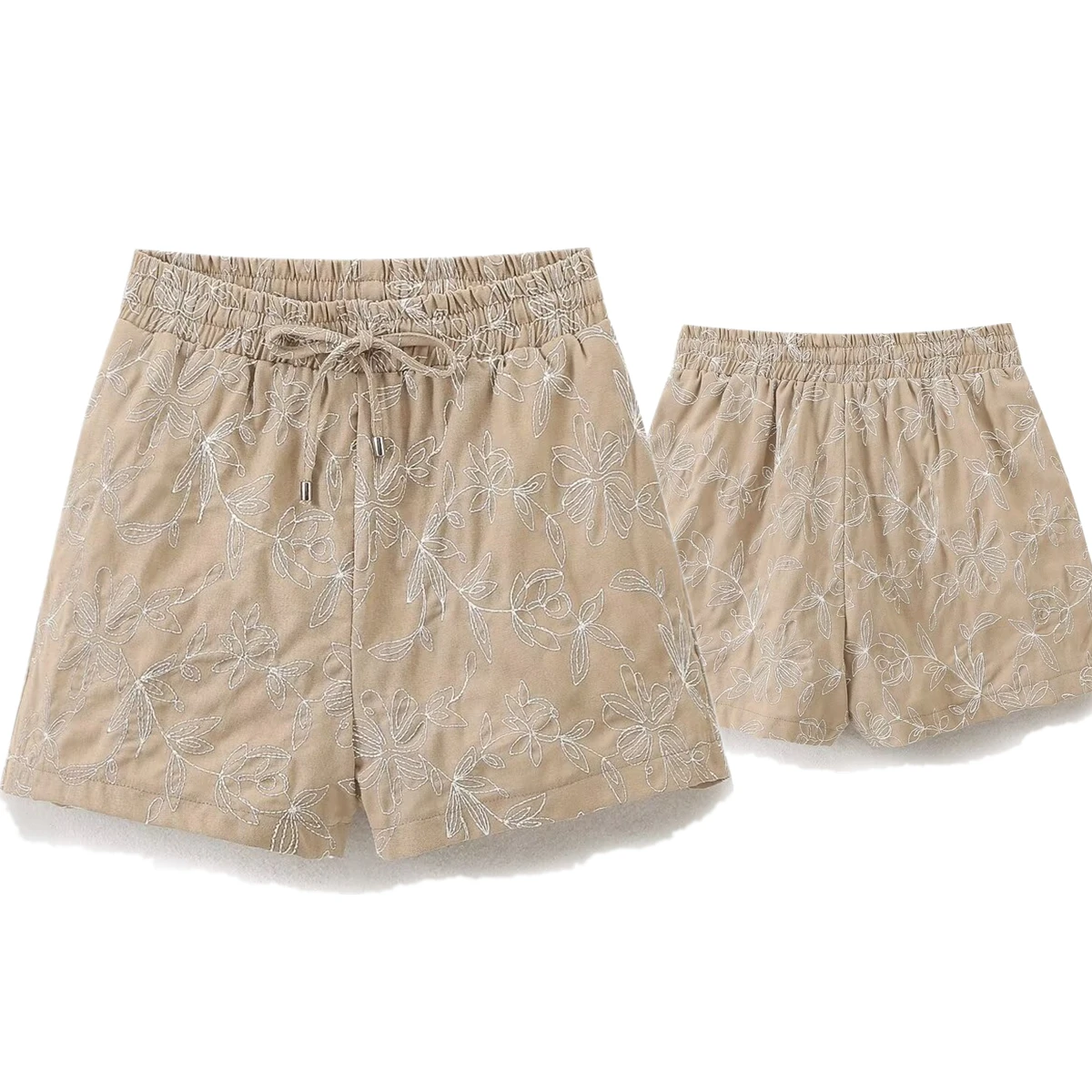 Maxdutti Bermudas florales Beige para mujer, pantalones cortos informales con cordón bordado minimalista francés, Verano