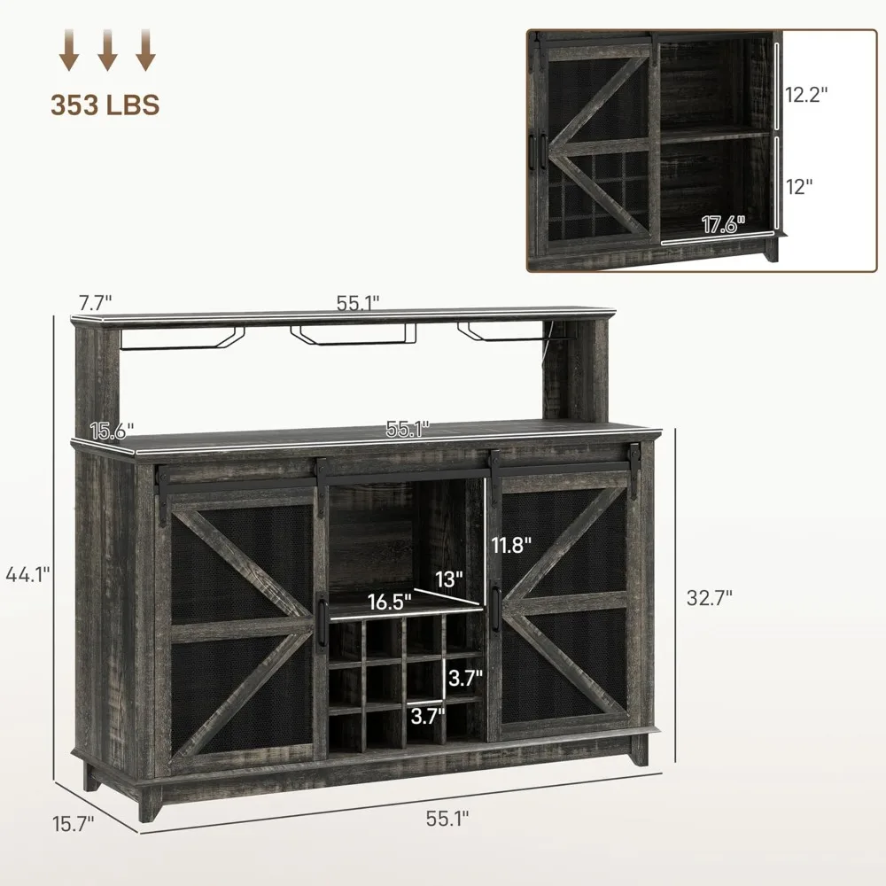 خزانة بار القهوة والنبيذ على طراز المزرعة مع إضاءة LED ورف 12 زجاجة وحامل زجاجي