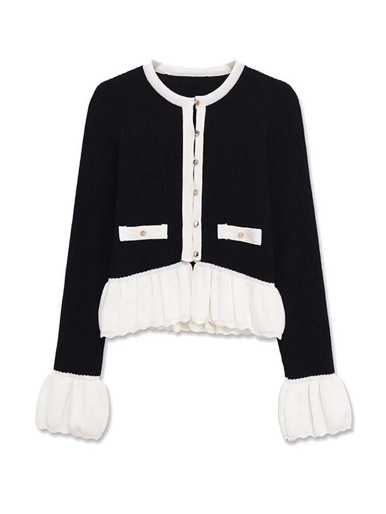 HH Woman Spring Fashion Long Sleeves Single Breasted Contrasting Colors Splicing Decoration Knitted Cardigan Elegant Versatile