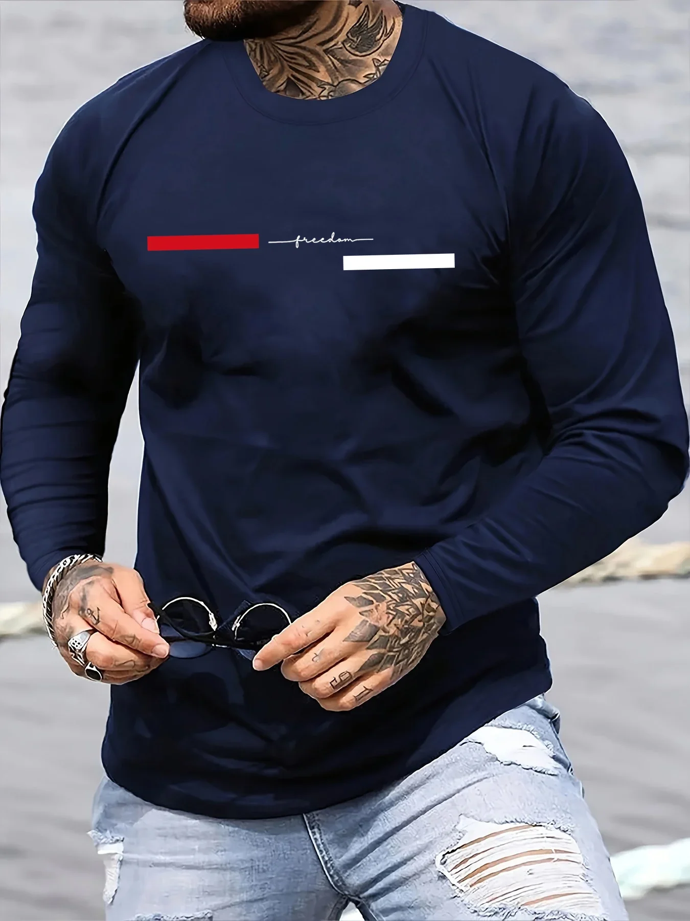 Red black Line men's long sleeved round neck loose casual freedom letter pattern printed spring and autumn versatile T-shirt