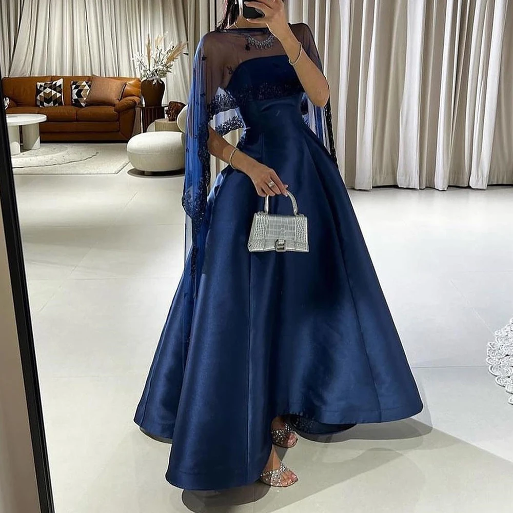 

Customized Classic Shawl Appliques Pleats Crystal Strapless Evening Dress Graceful A-Line Satin Blue Party Gown платье вечернее