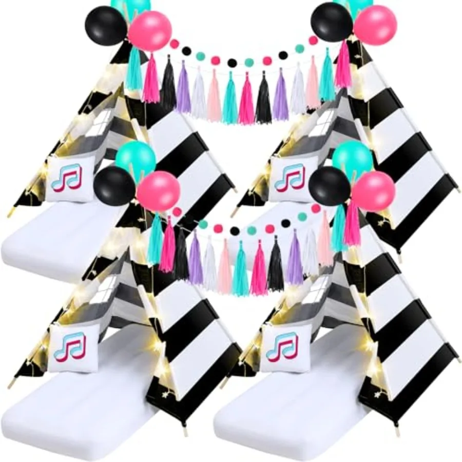 4er-Pack Tipi-Zelte für Kinder, Pyjama-Party mit Luftmatratze, Licht, Kissen, Musik-Thema, Schlaf-Zelte für Mädchen-Party, natürliches C