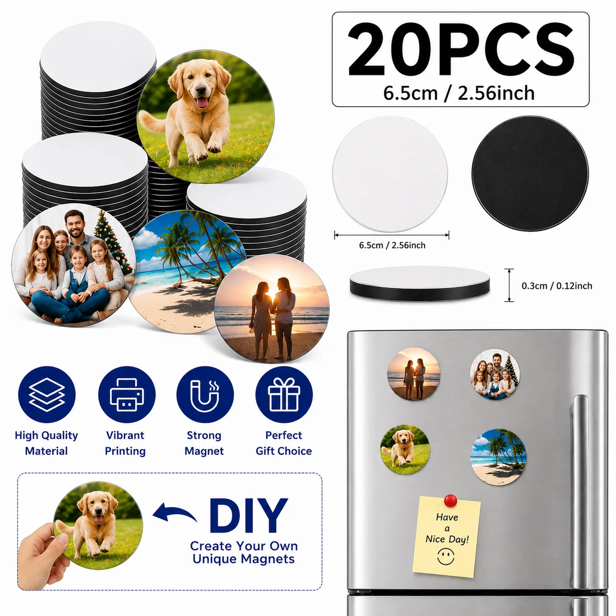 20pcs Sublimation Round Blank Fridge Magnets for Home Kitchen Refrigerator Microwave Oven Wall Door Decoration