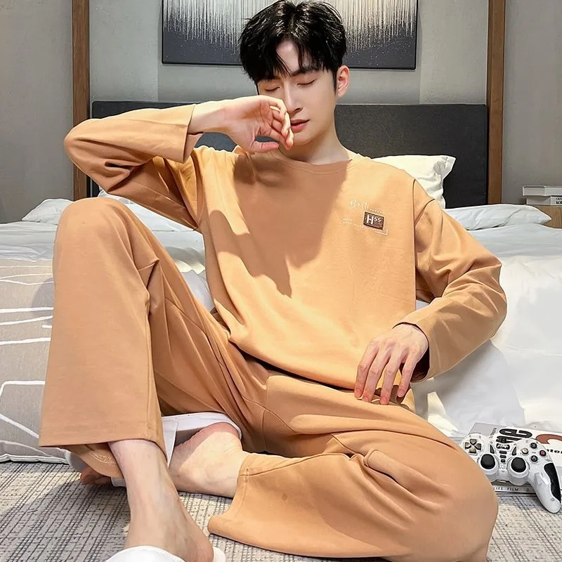 2024 New Men Pajamas Spring Autumn Youth Pure Cotton Long-Sleeved Homewear Suit Casual Large Size Round Neck Sleepwear Sets