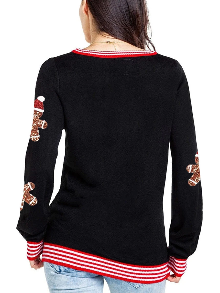 Women's Christmas Loose Sweater Sequin Candy Cane Pattern Long Sleeve Round Neck Knitwear Pullover