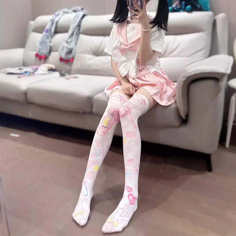 Lolita Kawaii Socks Women Over The Knee Socks Japanese Anime Harajuku Stockings Thin Leg Velvet Anime Cat Print Rabbit Socks