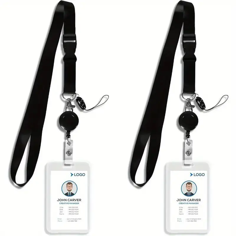 Transparent Plastic Vertical Badge Holders with Black Lanyards and Retractable Round Badge Reel Clips