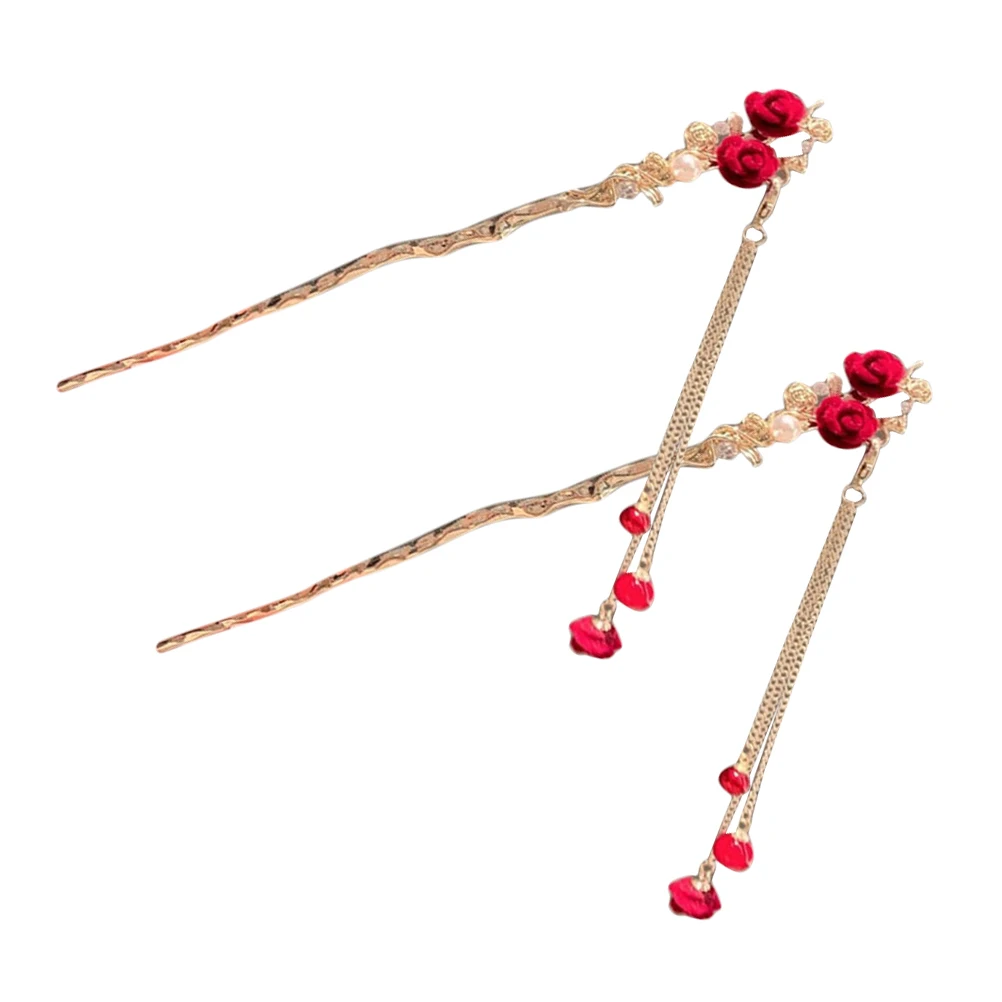 

2 Pcs Rose Hairpin Accessories for Women Red Rose Chopsticks Vintage Alloy Hair Bun Sticks Formal Hair Accessories