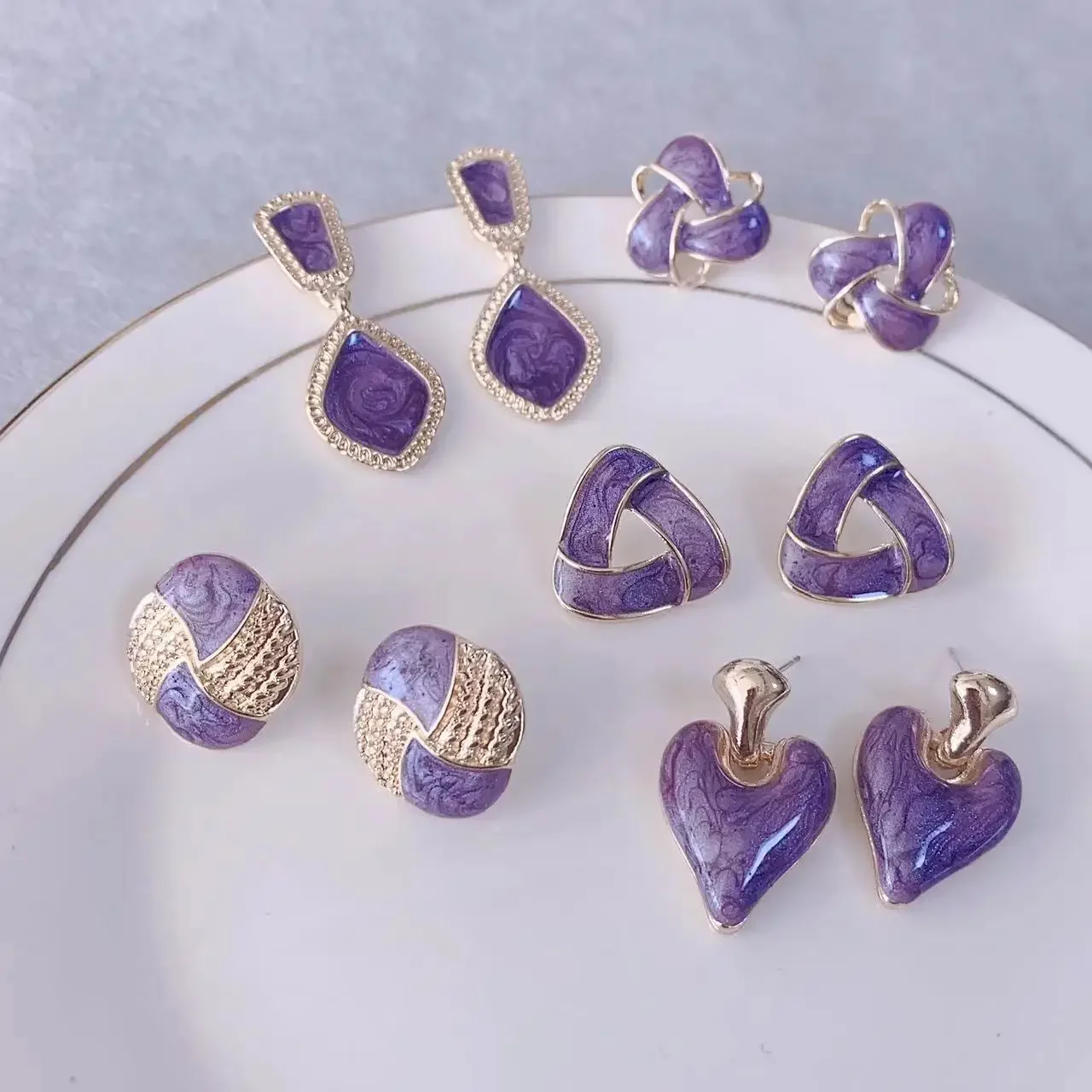 Purple Color Geometry Heart Flower Square Butterfly Bear Coral Cup  Water Drop Earring for Women Enamel Jewelry Christmas Gift