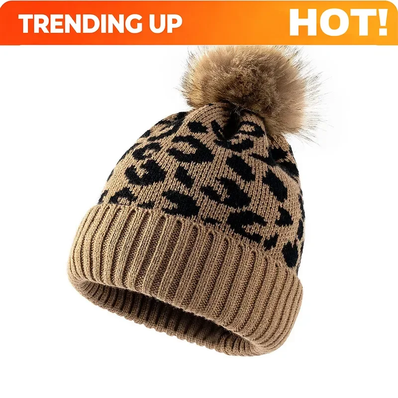 Gorro de lana tejido con estampado de leopardo y borde rizado, personalizable, para mujer, ideal para mantenerse abrigada en exteriores, y gorro de lana más grueso para hombre, perfecto para el otoño y el invierno.