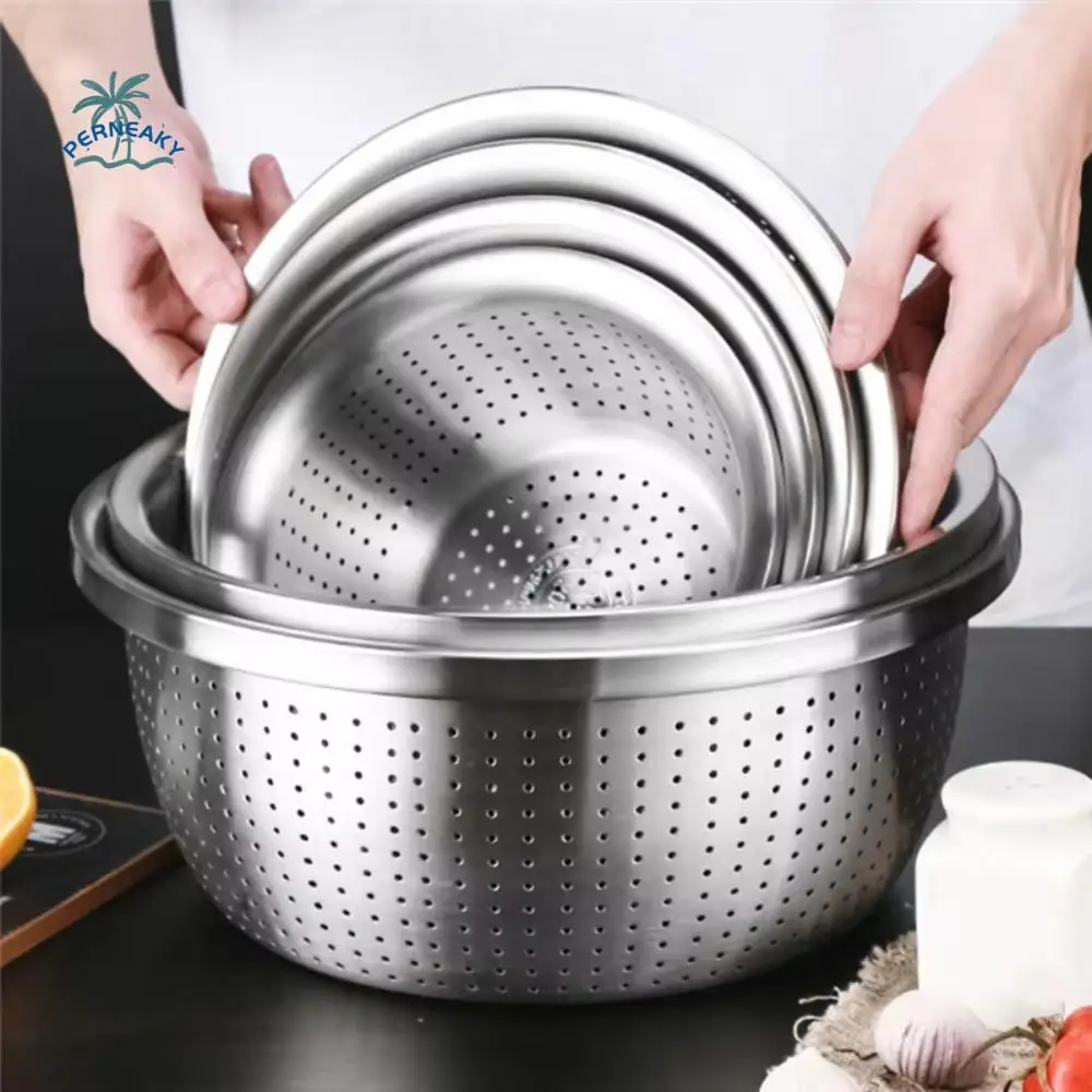 

Round Stainless Steel Drain Basket Widened Edge Rust-proof Rice Washing Basket Unbreakable Anticorrosive Drain Basin Vegetables