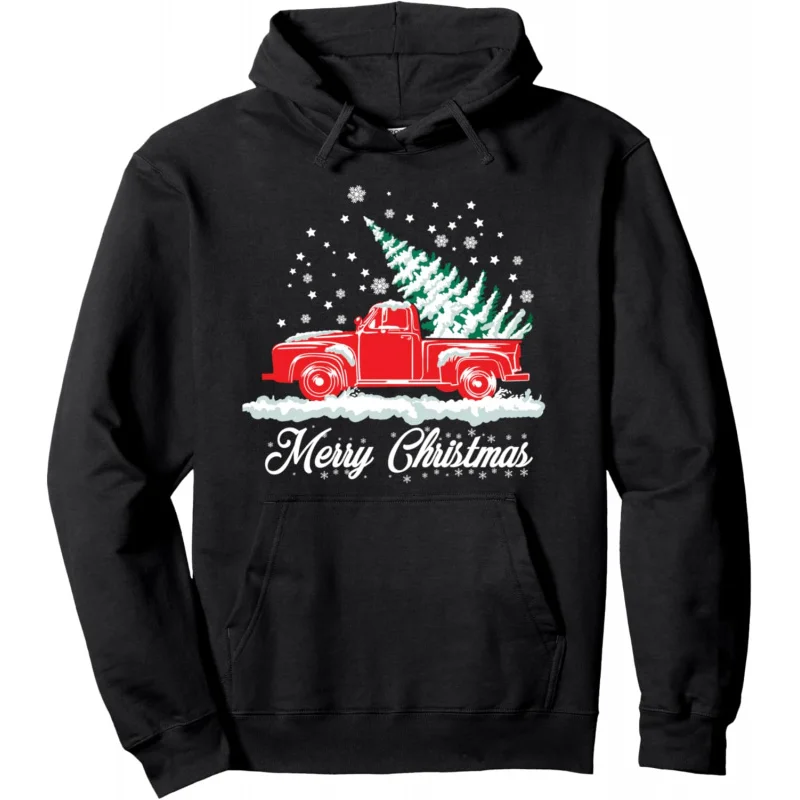 

Christmas Tree In Back of Old Red Pick Up Truck Snowing Pullover Hoodie Loose men's and women's