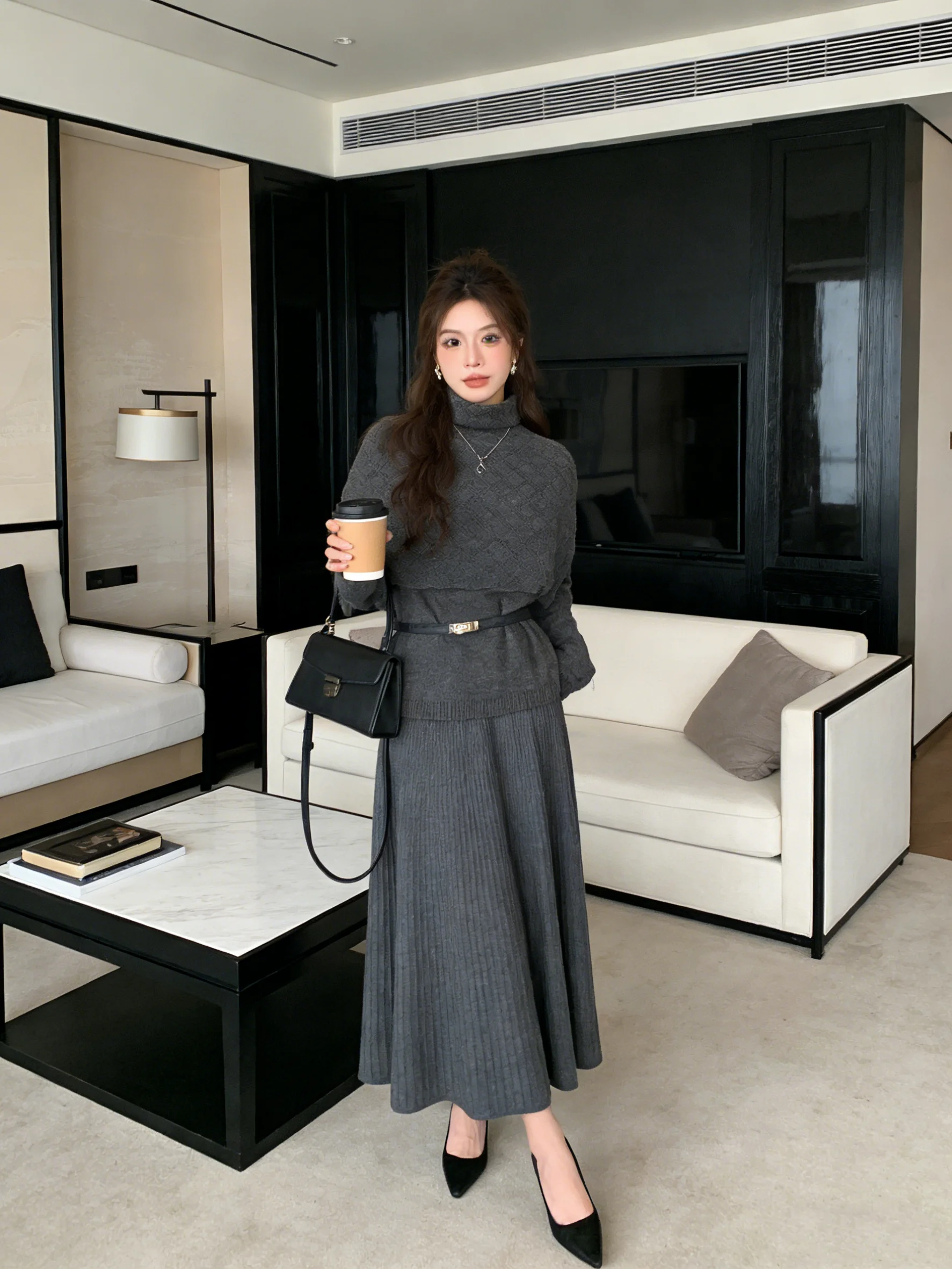 

Slimming High Waist Knitwear Spring 2026 Early Spring High Collar Cloak Soft Skin-friendly f Skirt Faionable Ensemble