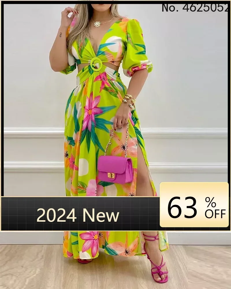 

2023 African Dresses for Women Summer Long Maxi Dress V-neck Sexy Fashion Print Short Sleeve Dress Africa Clothing