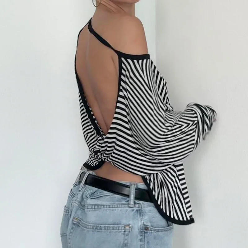 CIBBAR Fashion Backless T-shirt y2k Streetwear Full Sleeve Off-shoulder Crop Top Harajuku Striped Loose Autumn Tee Office Ladies