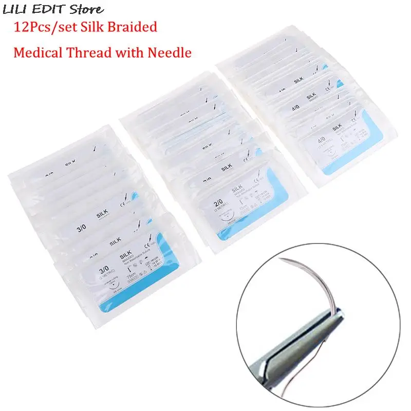 Hot Sale 12PCS 75cm 2/0 3/0 4/0 Dental Surgical Needle Silk Medical Thread  Suture Surgical Practice Kit