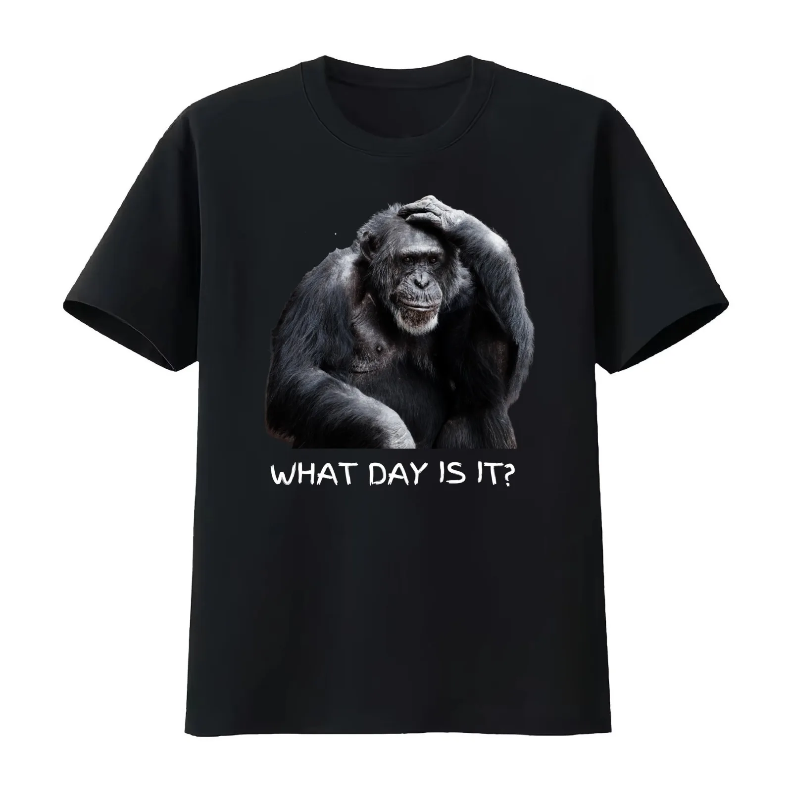 What day is it? Confused Chimp. Photograph and white handwritten text T-Shirt Summer Casual Cotton Tee Vintage Graphic Print