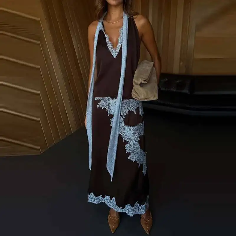 

Fashion Sleeveless Hollow Party Outfit Lace Patchwork Satin Slim 2 Piece Set Lady Temperament Halter Neck Top + Long Skirt Suit