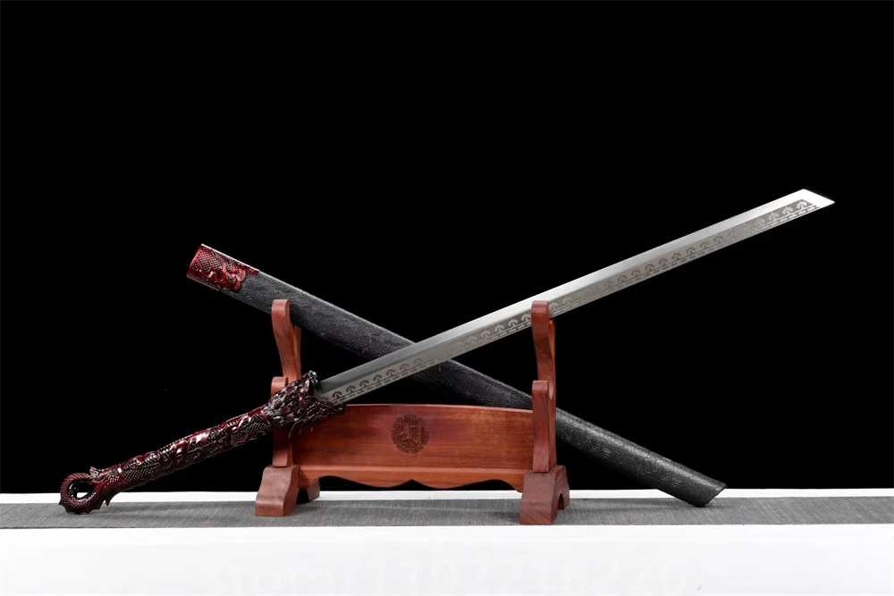 Cool Battle Dark Red Dragon Sword HandForged High Manganese Steel Blade Martial Art Sword Full Tang Leather Hardwood Sheath