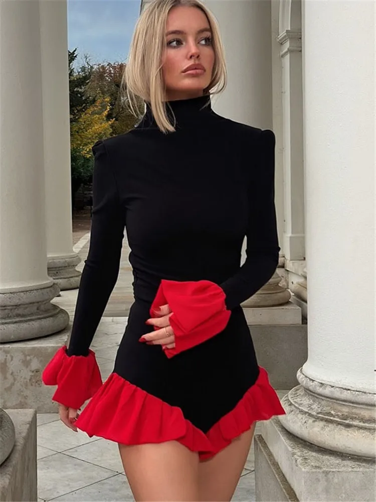 

Sibybo Sexy Contrast Color Women Playsuits Autumn Winter Patchwork Turtleneck Flare Long Sleeve Ruffles Bodycon Romper Partywear