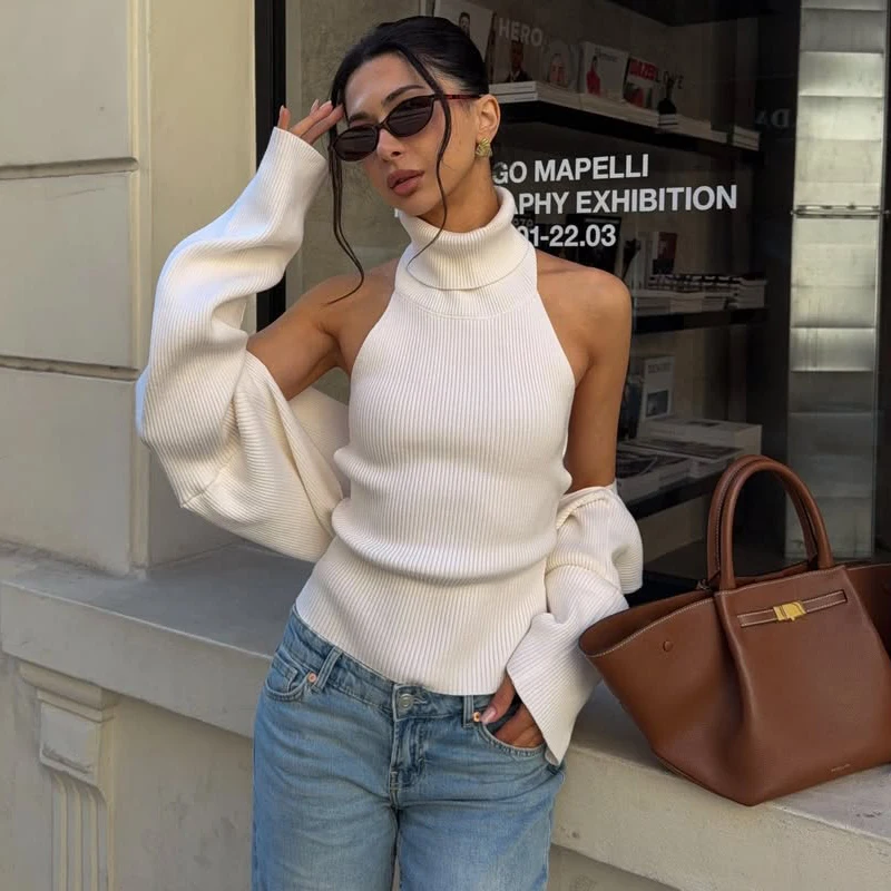 Trendix Knit Tank Top Sets For Women Fashion High Neck Vest And Long Sleeve Shawl 2 Piece Suits Sexy Backless Knitwear Top Femme