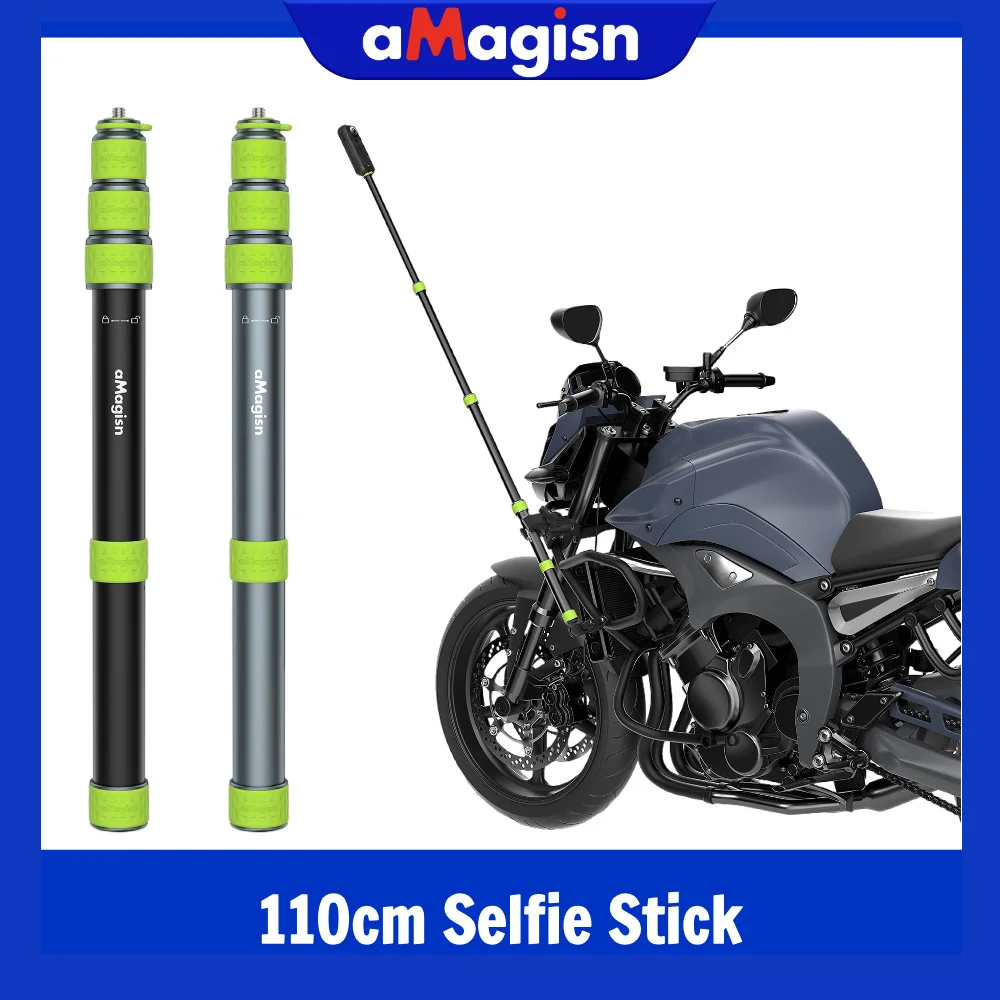 aMagisn Metal Motorcycle Selfie Stick 34-110cm Telescopic pole, 1/4 Thread, Trekking Pole Convertible, Fits GoPro DJI Insta360