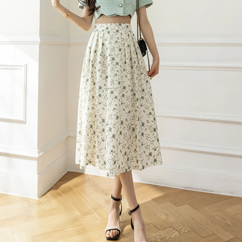 

Ladies Elegant Printed A-line Pleated Skirt Women New Spring Autumn Fashion High Waist Midi Skirts Female Casual Long Skirts