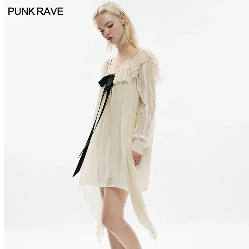 PUNK RAVE Women's A Line Detachable Bow Brooch Loose Ruffle Dress Asymmetrical Sweet Elegant Vintage Square Collar Beige Dresses