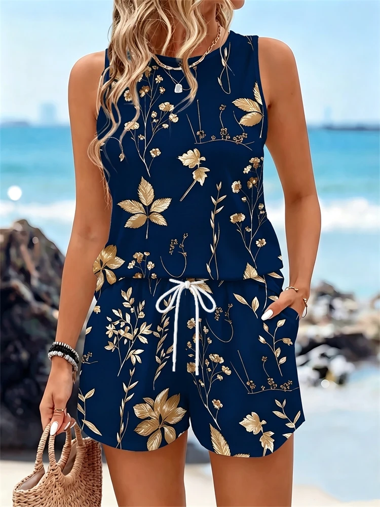 Women's Elegant Summer Daisy-Print Tank Top Set Fashionable Casual Outdoor Vacation Sports T-Shirt Set Women's Two-Piece Set